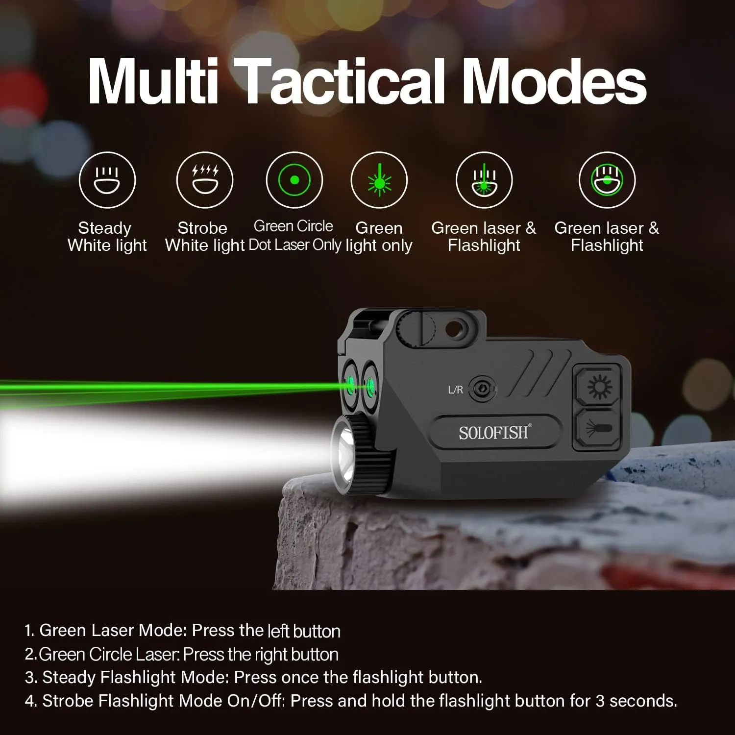 SOLOFISH 500lm Pistol Light and Purple/Infrared (IR)/Green Blue Beam Combo, Rechargeable Aluminum Weapon Light and Beams for Guns with a Rail