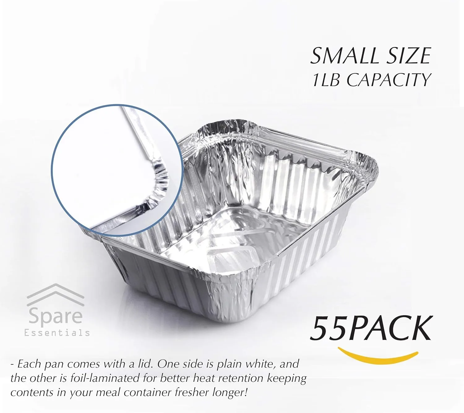Spare Essentials 55 Pack - Small Foil Pans with Lids - Aluminum To Go Food Containers with Lids - 1lb Mini Aluminum Pans - Freezer Safe Foil Take out Trays - Heat proof Aluminum Meal Prep Containers
