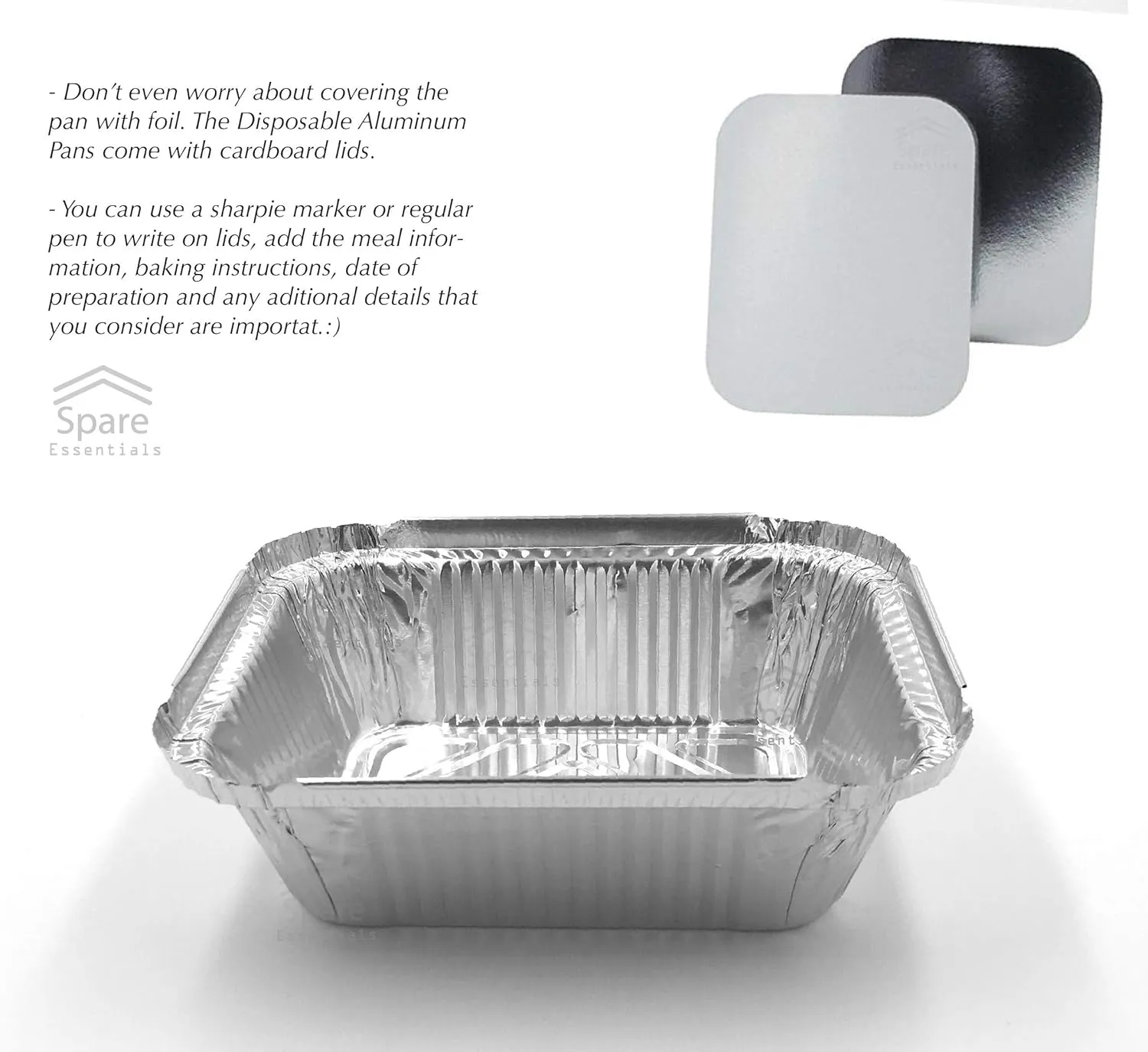 Spare Essentials 55 Pack - Small Foil Pans with Lids - Aluminum To Go Food Containers with Lids - 1lb Mini Aluminum Pans - Freezer Safe Foil Take out Trays - Heat proof Aluminum Meal Prep Containers