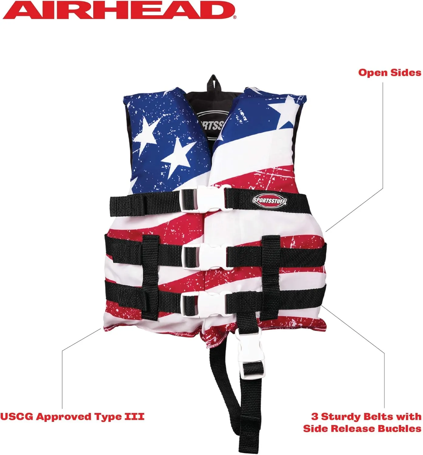 Sportstuff Type III Life Jacket US Coast Guard Approved Open Sides with 3 Body Belts & Buckles Quick Dry Fabric, Secure Fit, Comfortable Stars & Stripes