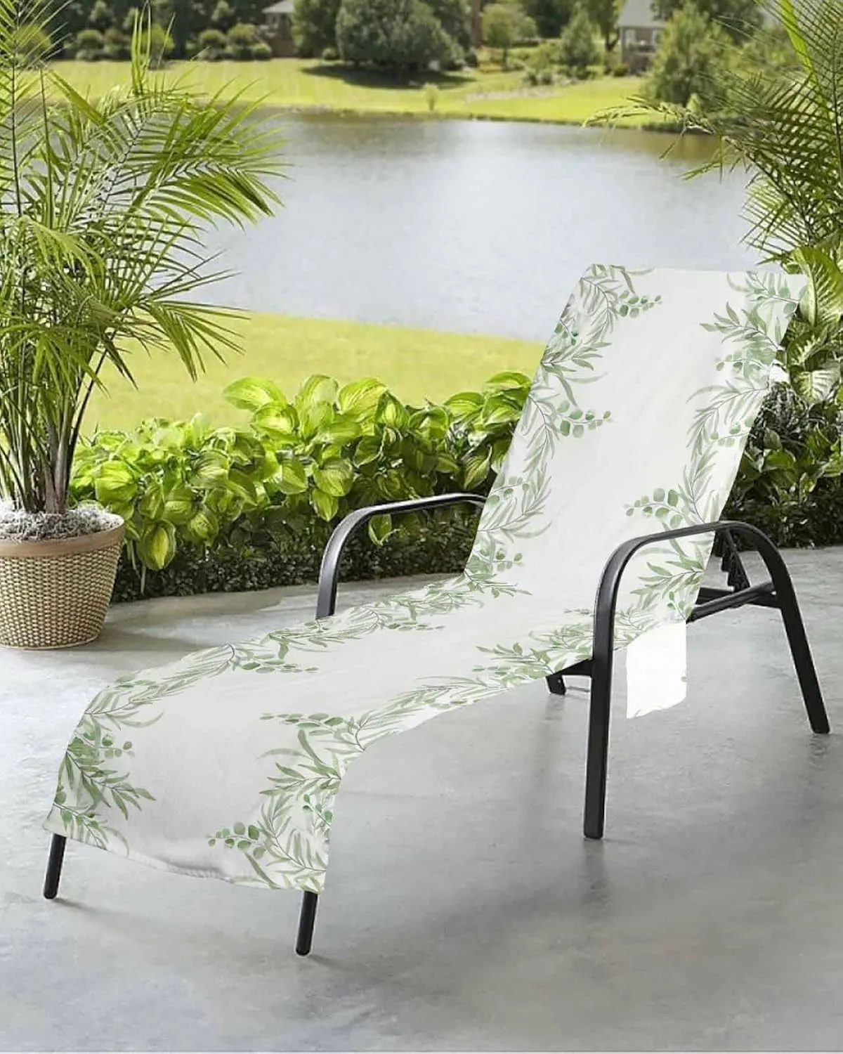 Spring Leaves Chaise Lounger Cover with Pockets, Pool Lounge Chair Covers 85"x29", Green Summer Watercolor Microfiber Beach Chair Cover for Outdoor Patio Sunbathing