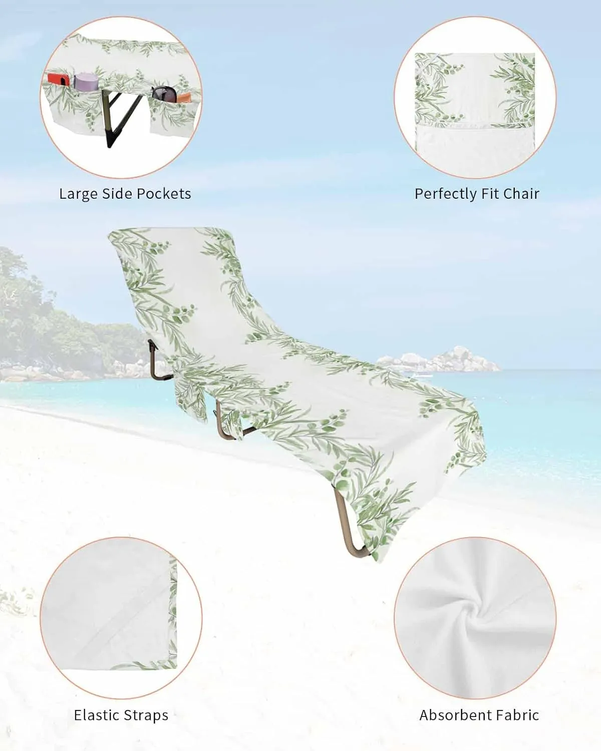 Spring Leaves Chaise Lounger Cover with Pockets, Pool Lounge Chair Covers 85"x29", Green Summer Watercolor Microfiber Beach Chair Cover for Outdoor Patio Sunbathing