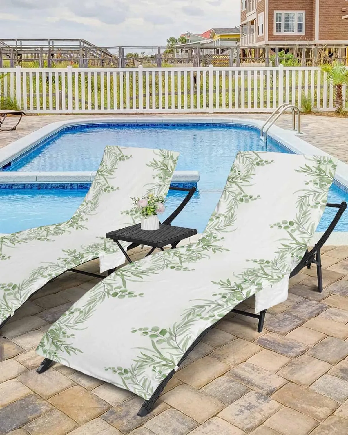Spring Leaves Chaise Lounger Cover with Pockets, Pool Lounge Chair Covers 85"x29", Green Summer Watercolor Microfiber Beach Chair Cover for Outdoor Patio Sunbathing