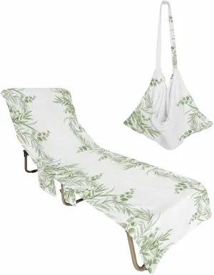 Spring Leaves Chaise Lounger Cover with Pockets, Pool Lounge Chair Covers 85"x29", Green Summer Watercolor Microfiber Beach Chair Cover for Outdoor Patio Sunbathing