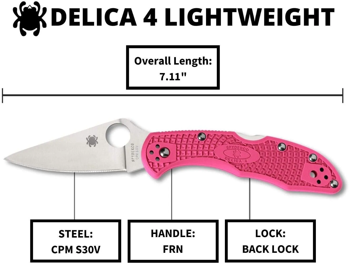 Spyderco Delica 4 FRN Pink 2.9" Plain Edge Folding Pocket Knife (C11FPPNS30V)
