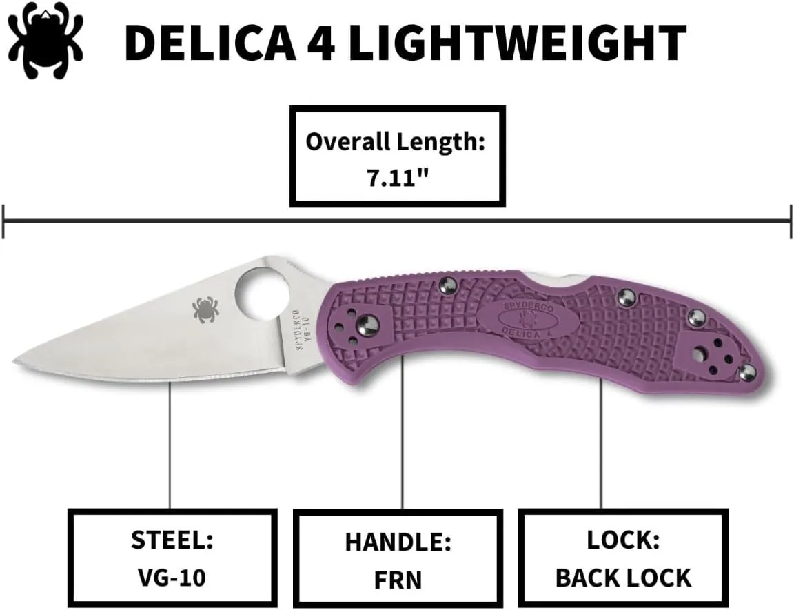 Spyderco Delica 4 Lightweight 7.15" Signature Folding Knife with 2.90" Flat-Ground Steel Blade and High-Strength FRN Handle - PlainEdge Grind