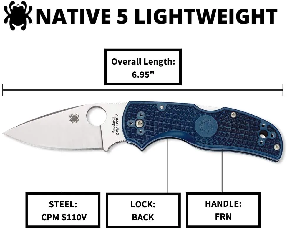 Spyderco Native 5 Lightweight Dark Blue CPM S110V Plain Edge Folding Pocket Knife (C41PDBL5)