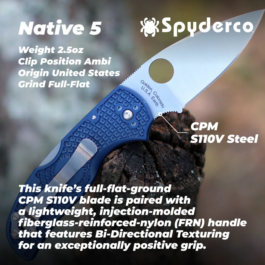 Spyderco Native 5 Lightweight Dark Blue CPM S110V Plain Edge Folding Pocket Knife (C41PDBL5)
