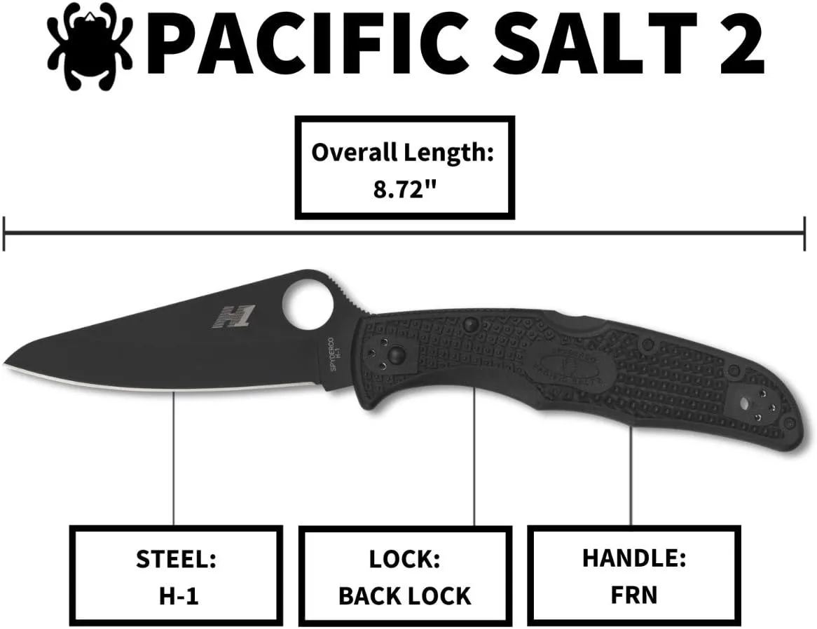 Spyderco Pacific Salt 2 3.78" Black H-1 PlainEdge Folding Pocket Knife (C91PBBK2)