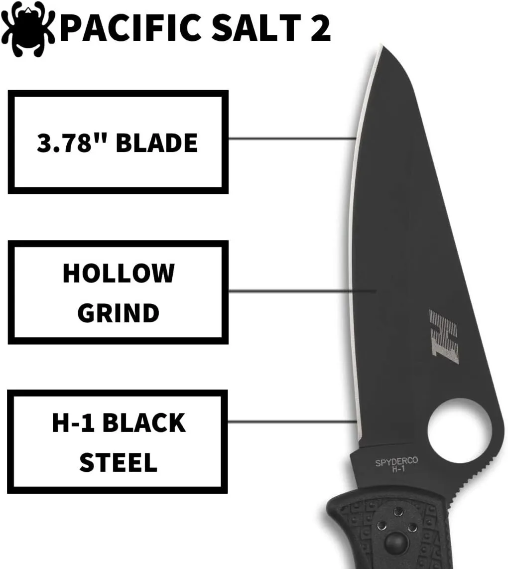 Spyderco Pacific Salt 2 3.78" Black H-1 PlainEdge Folding Pocket Knife (C91PBBK2)