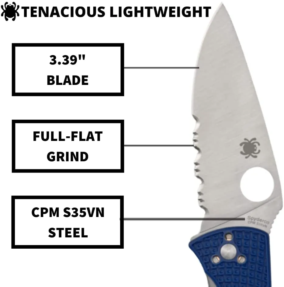 Spyderco Tenacious Lightweight CombinationEdge Folding Pocket Knife Blue FRN Handle