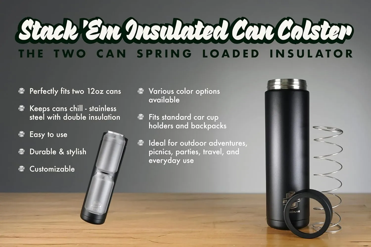 Stack'Em Insulated Can Colster - Holds Two 12oz Cans - 1 Stack'em Can Cooler - Double Insulated Stainless Steel Koozie