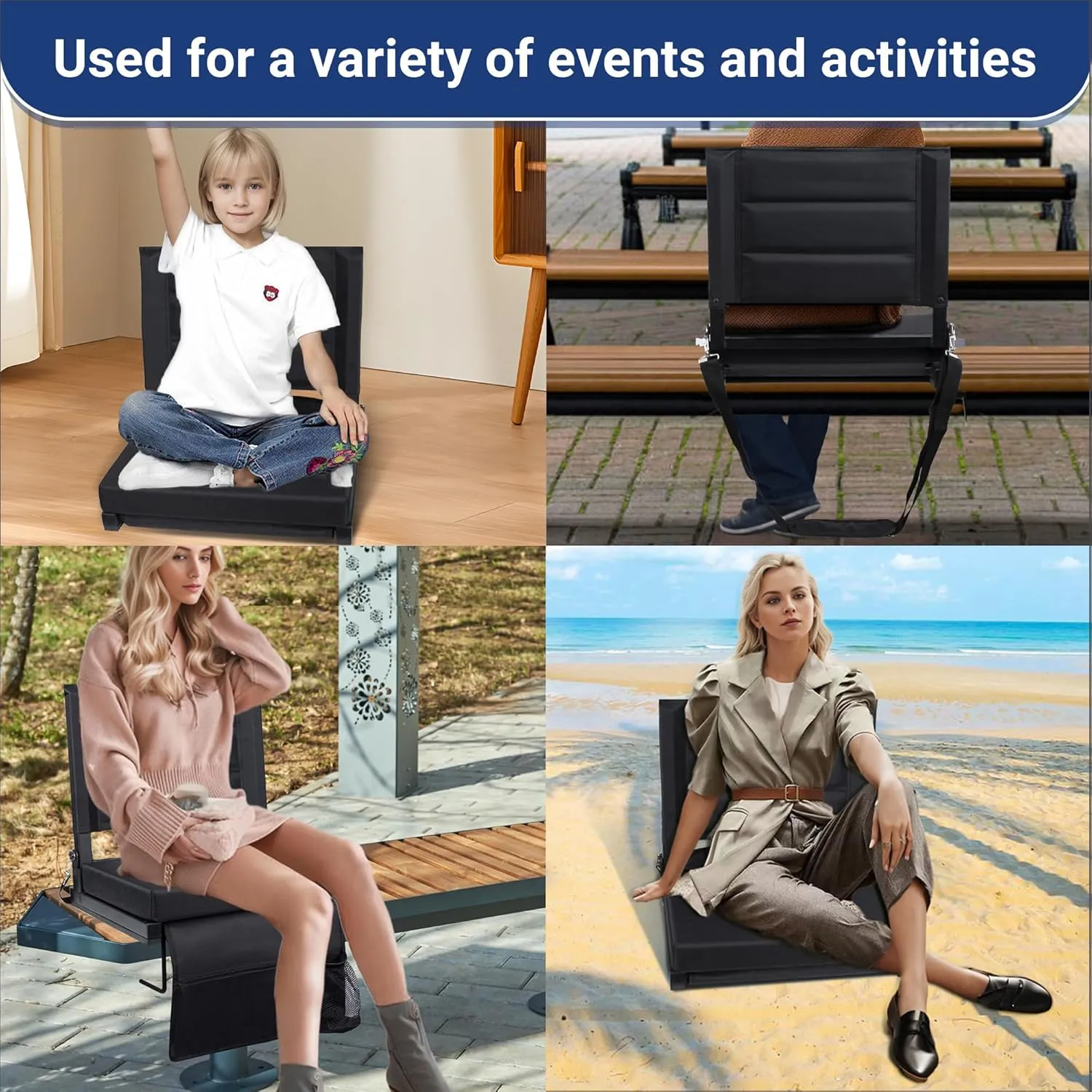 Stadium Seats for Bleachers with Back Support, Portable Bleacher Seats with Thick Padded Cushion and Shoulder Strap, Wide Stadium Seat Chair Includes Hooks, Cup Holder and Side Pocket