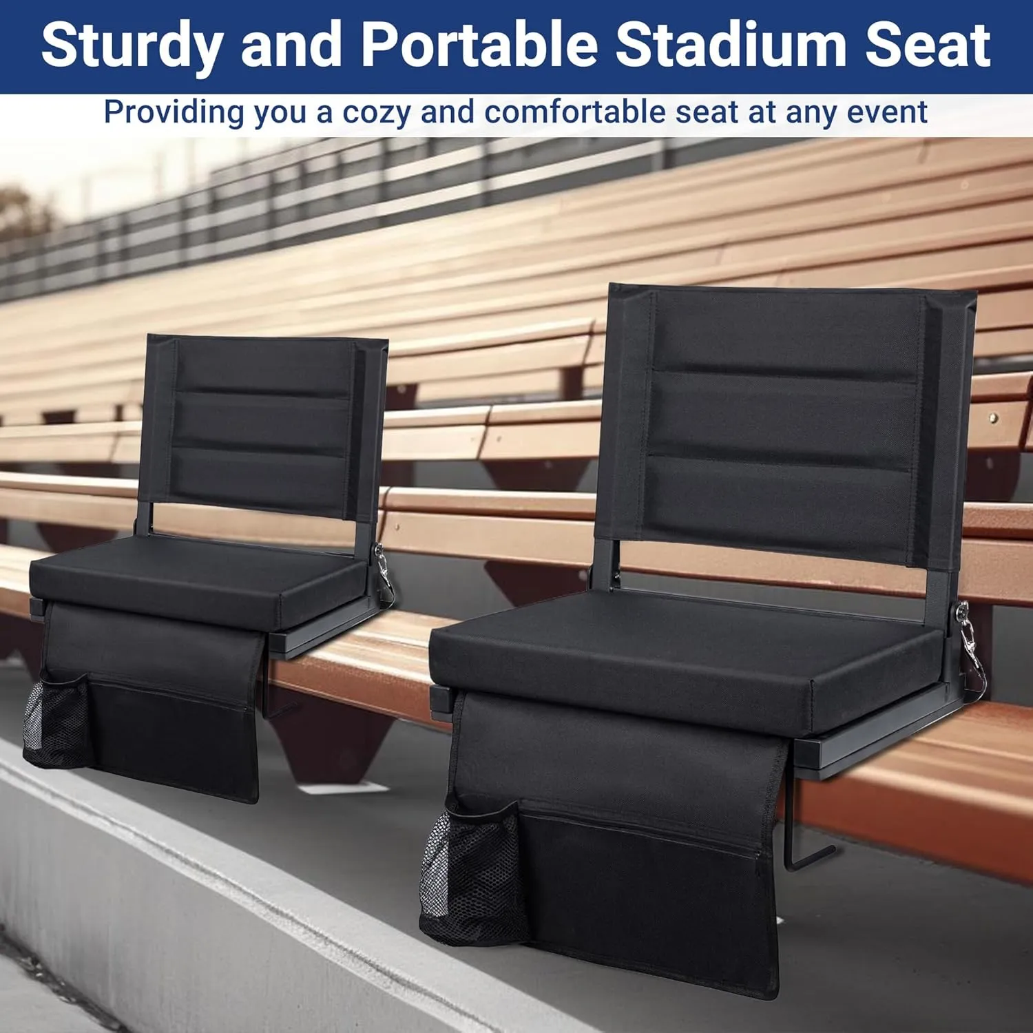 Stadium Seats for Bleachers with Back Support, Portable Bleacher Seats with Thick Padded Cushion and Shoulder Strap, Wide Stadium Seat Chair Includes Hooks, Cup Holder and Side Pocket