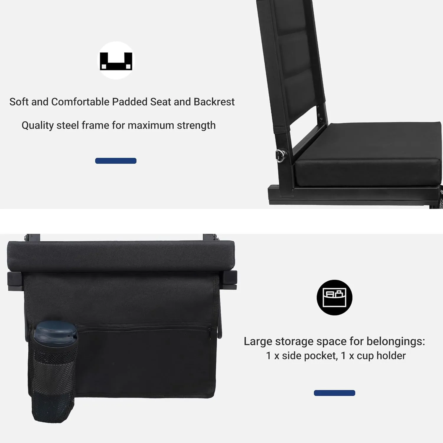 Stadium Seats for Bleachers with Back Support, Portable Bleacher Seats with Thick Padded Cushion and Shoulder Strap, Wide Stadium Seat Chair Includes Hooks, Cup Holder and Side Pocket