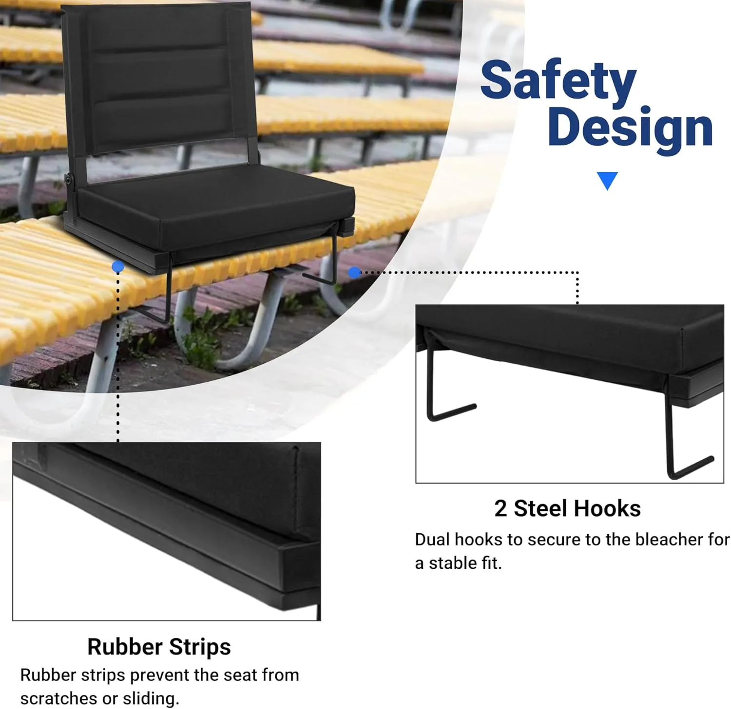 Stadium Seats for Bleachers with Back Support, Portable Bleacher Seats with Thick Padded Cushion and Shoulder Strap, Wide Stadium Seat Chair Includes Hooks, Cup Holder and Side Pocket