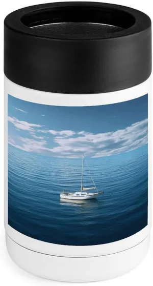 Stainless Steel Cooler with Silicone Sleeve, White Boat on Blue Sea Print Multipurpose Beverage Chiller for Home, Office, and Outdoor Use