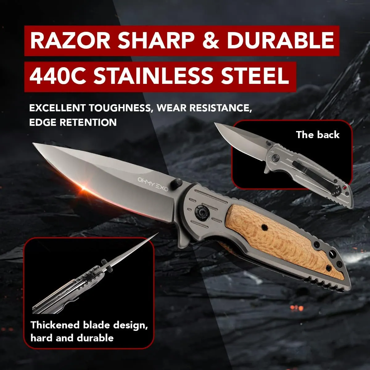 Stainless Steel Pocket Folding Knife with Wooden Handle - Safety Liner Lock, Pocket Belt Clip Knife - Portable Tactical Utility Knives for Men Great for EDC, Camping, Fishing, Outdoor & More