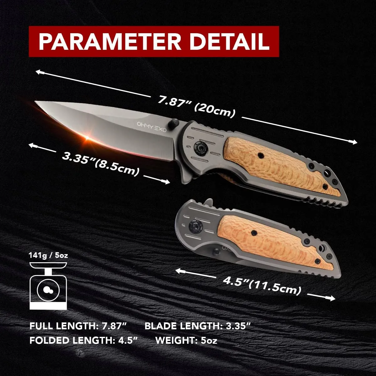 Stainless Steel Pocket Folding Knife with Wooden Handle - Safety Liner Lock, Pocket Belt Clip Knife - Portable Tactical Utility Knives for Men Great for EDC, Camping, Fishing, Outdoor & More