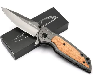 Stainless Steel Pocket Folding Knife with Wooden Handle - Safety Liner Lock, Pocket Belt Clip Knife - Portable Tactical Utility Knives for Men Great for EDC, Camping, Fishing, Outdoor & More