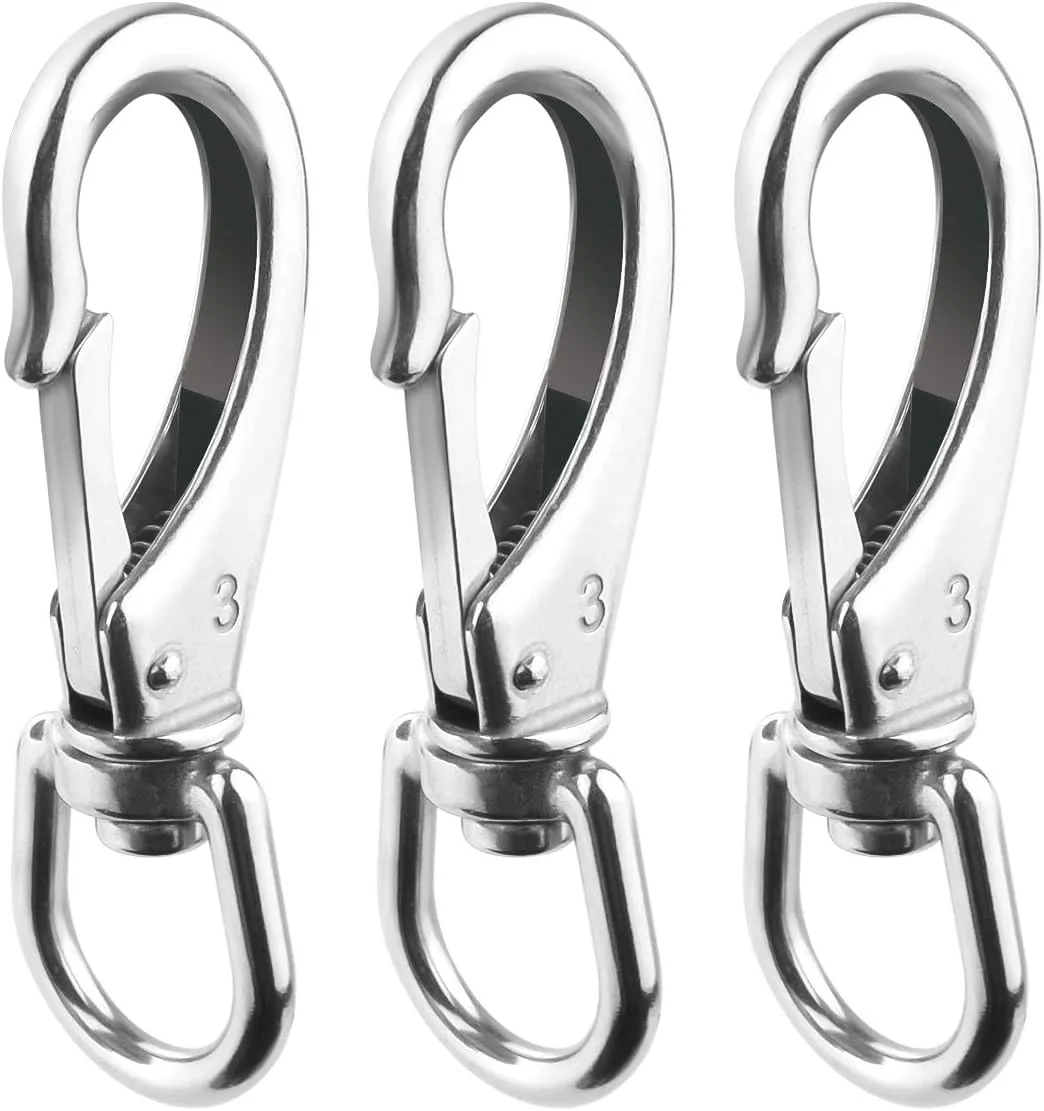 Stainless Steel Swivel Eye Snap Hook, 3 Pack (4.6 Inch) Heavy Duty Flag Clips for Flagpole Rope, Diving Clips Spring Hooks for Bird Feeders, Pet Chains, Dog Tie-Out Cable, Keychains