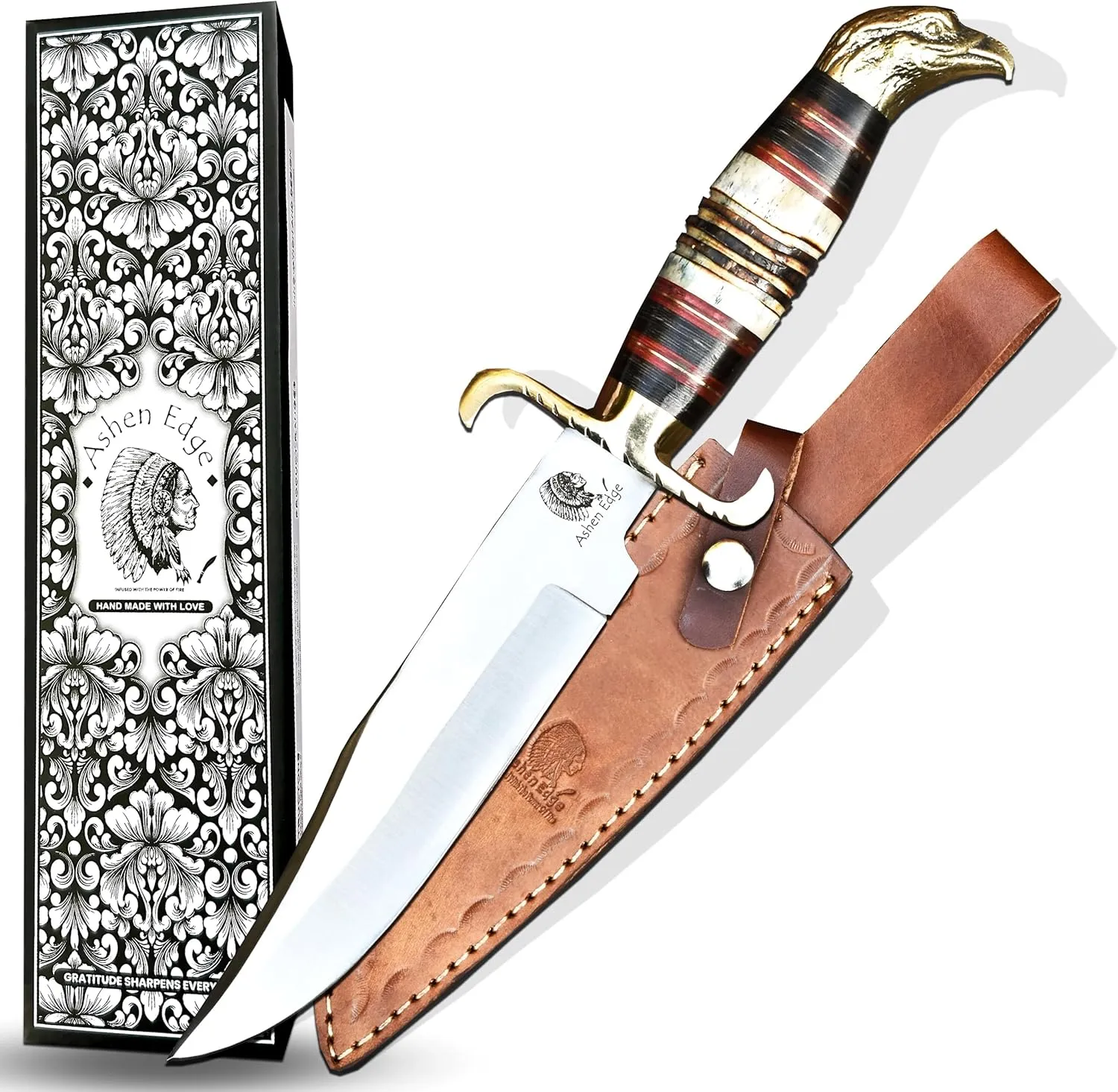 Steel 12.5" Fixed Blade Knife | Premium Leather Sheath | 7.5" D2 Steel Blade | Ergonomic 5" Camel Bone Handle, Brass Bolster with Eagle Design | Hunting Knife, Outdoor Survival , D2, Tactical (Beige)