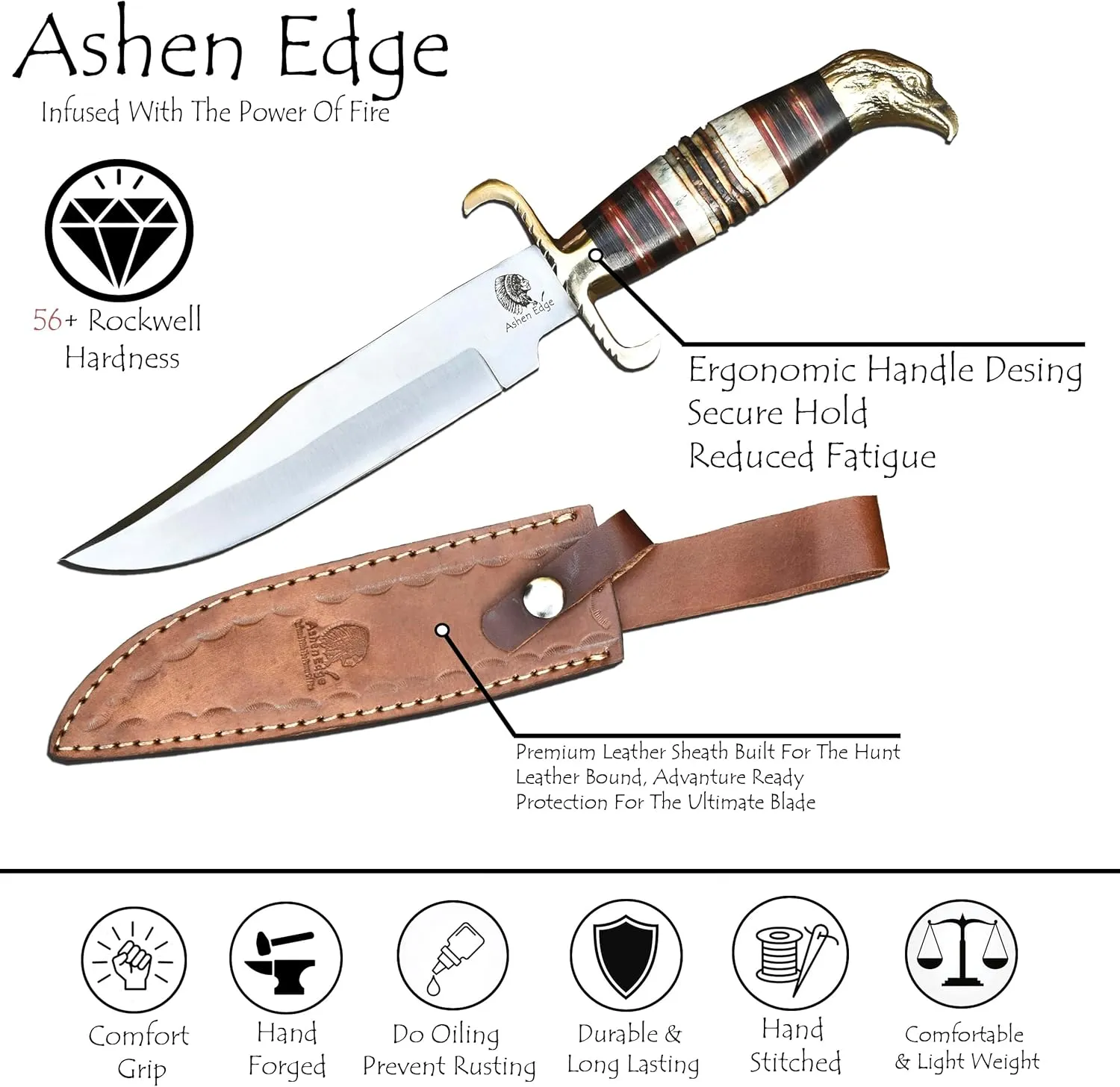 Steel 12.5" Fixed Blade Knife | Premium Leather Sheath | 7.5" D2 Steel Blade | Ergonomic 5" Camel Bone Handle, Brass Bolster with Eagle Design | Hunting Knife, Outdoor Survival , D2, Tactical (Beige)