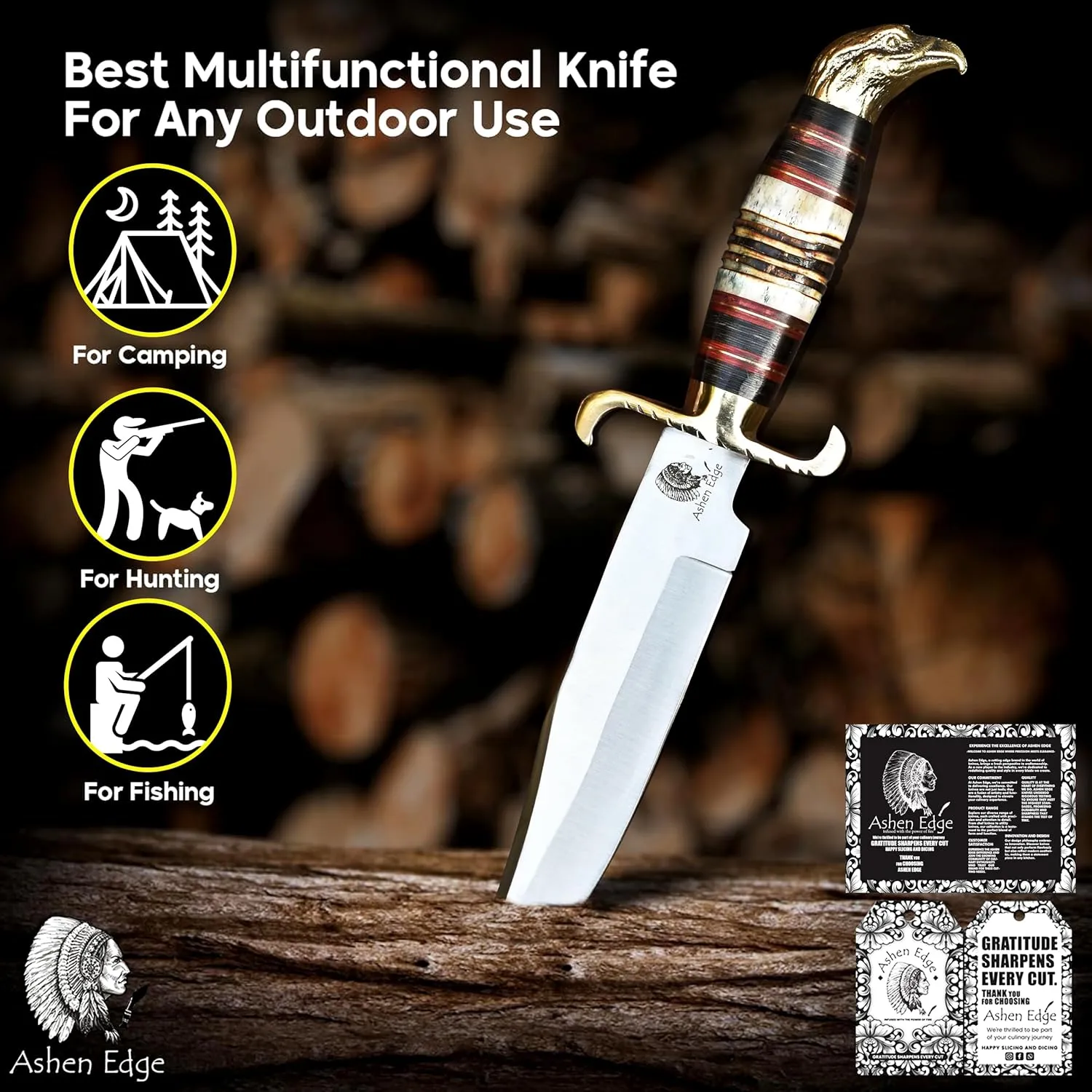 Steel 12.5" Fixed Blade Knife | Premium Leather Sheath | 7.5" D2 Steel Blade | Ergonomic 5" Camel Bone Handle, Brass Bolster with Eagle Design | Hunting Knife, Outdoor Survival , D2, Tactical (Beige)