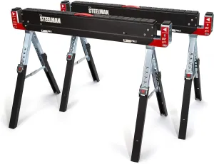 Steelman Adjustable Height Work Table Folding Sawhorses, Set of Two, Durable Steel Construction, Folding Legs, 2x4 Table Support Arms, 2,600 lb. Combined Loading Capacity