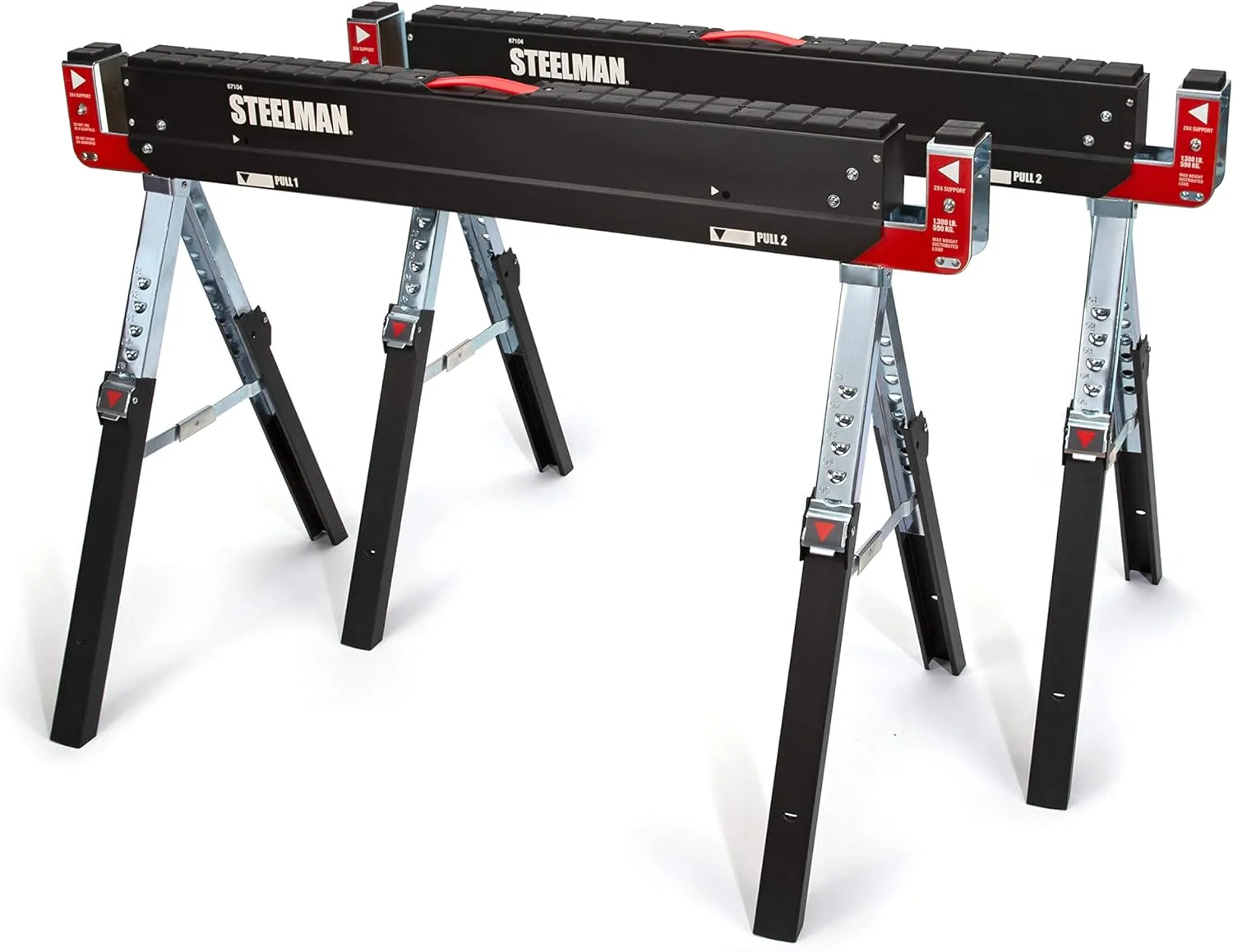 Steelman Adjustable Height Work Table Folding Sawhorses, Set of Two, Durable Steel Construction, Folding Legs, 2x4 Table Support Arms, 2,600 lb. Combined Loading Capacity