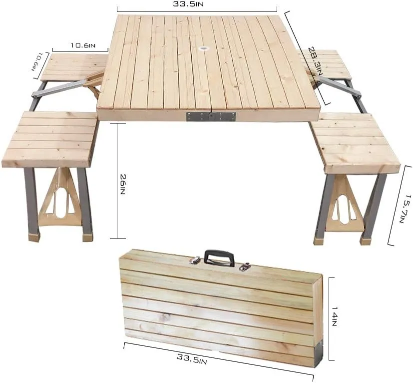 STONCEL Folding Table and Chairs Set, Portable Picnic Table with 4 Seats for Outdoor Camping Picnic BBQ, Party and Dining(Wooden)