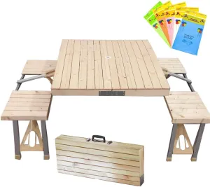 STONCEL Folding Table and Chairs Set, Portable Picnic Table with 4 Seats for Outdoor Camping Picnic BBQ, Party and Dining(Wooden)