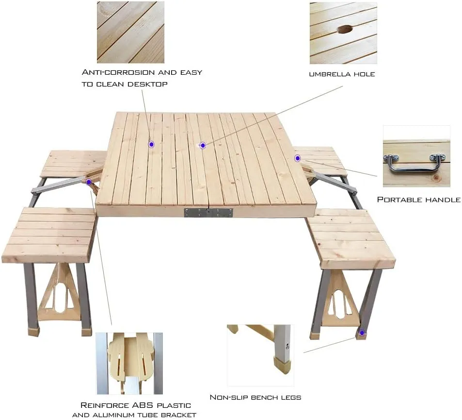 STONCEL Folding Table and Chairs Set, Portable Picnic Table with 4 Seats for Outdoor Camping Picnic BBQ, Party and Dining(Wooden)