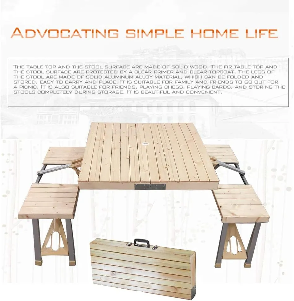 STONCEL Folding Table and Chairs Set, Portable Picnic Table with 4 Seats for Outdoor Camping Picnic BBQ, Party and Dining(Wooden)