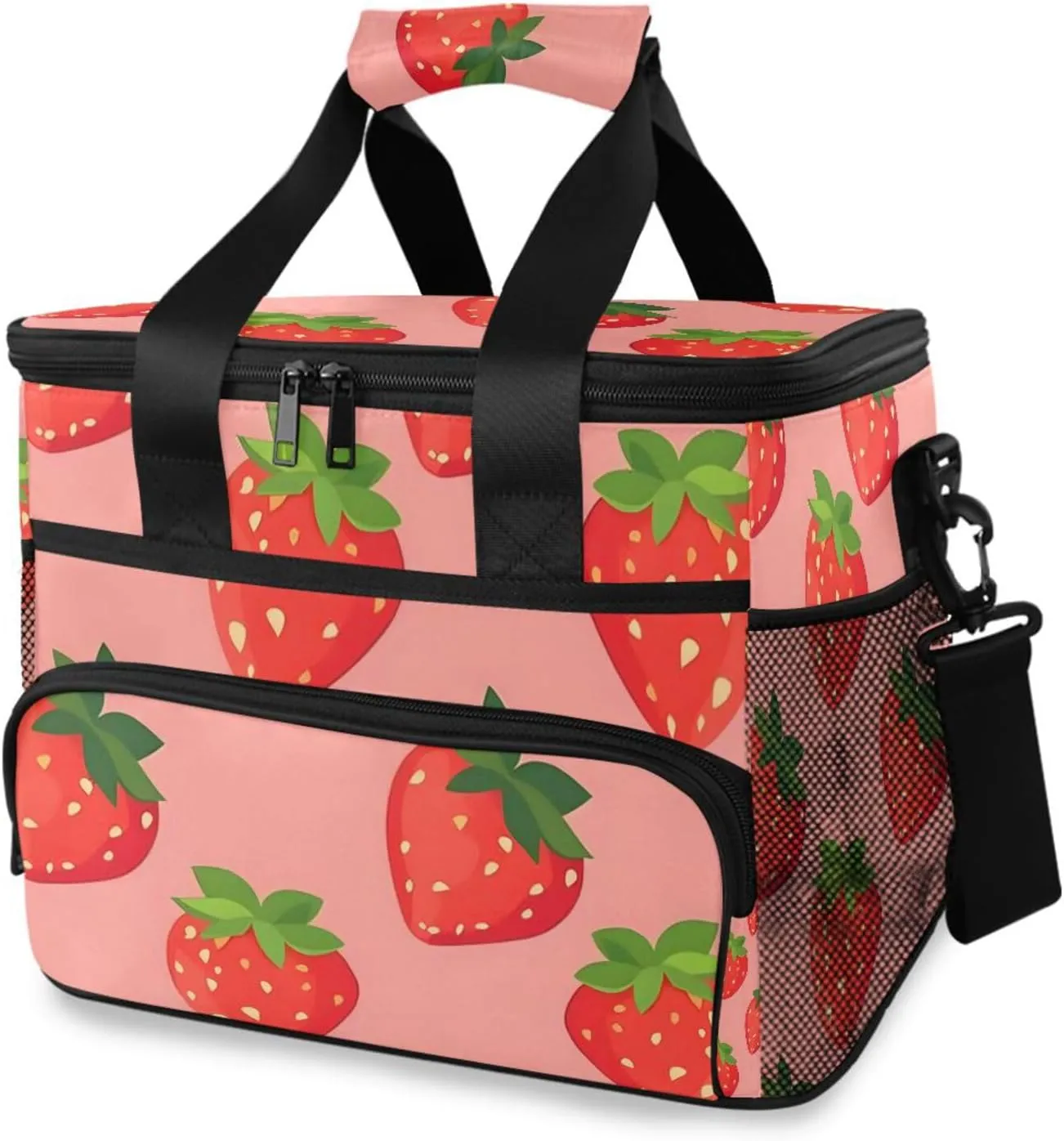 Strawberry Berry Red Fruit Cooler Bag Insulated Cooler Soft Sided Cooler 24 Can Portable Picnic Bag Large Leakproof Lunch Bag Box for Beach Grocery Camping Travel Car Men Women