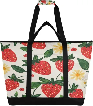 Strawberry Flowers Reusable Insulated Lunchbox Cooler Bag, Leakproof Kitchen Grocery Bag Collapsible Portable Cooler Tote Bag for Picnic, Camping, Office, Travel