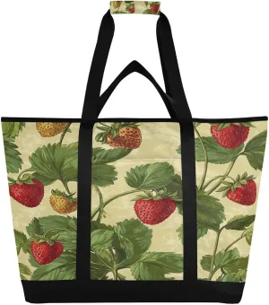 Strawberry Reusable Insulated Lunchbox Cooler Bag, Leakproof Kitchen Grocery Bag Collapsible Portable Cooler Tote Bag for Picnic, Camping, Office, Travel
