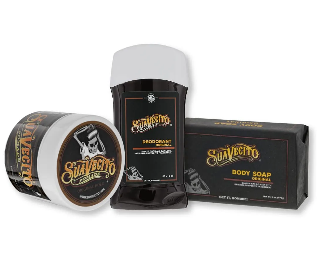 Suavecito Pomade Signature Scent Essentials Bundle: Hair Styling Pomade, Aluminum Free Deodorant, Moisturizing Body Soap