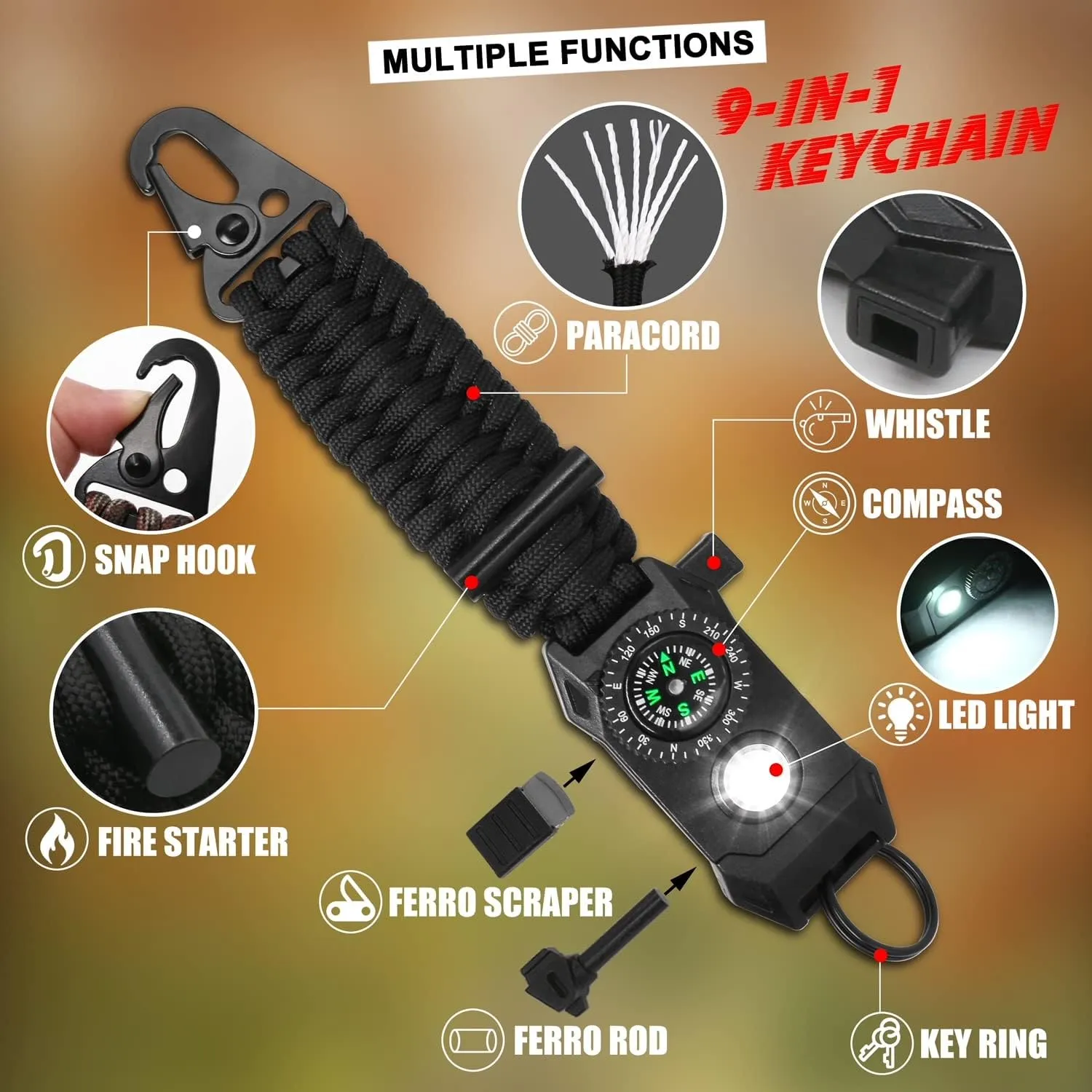 SummitSeeker Gear Tactical 9-in-1 Paracord Keychain: Military-Grade Survival Rope Lanyard with Carabiner
