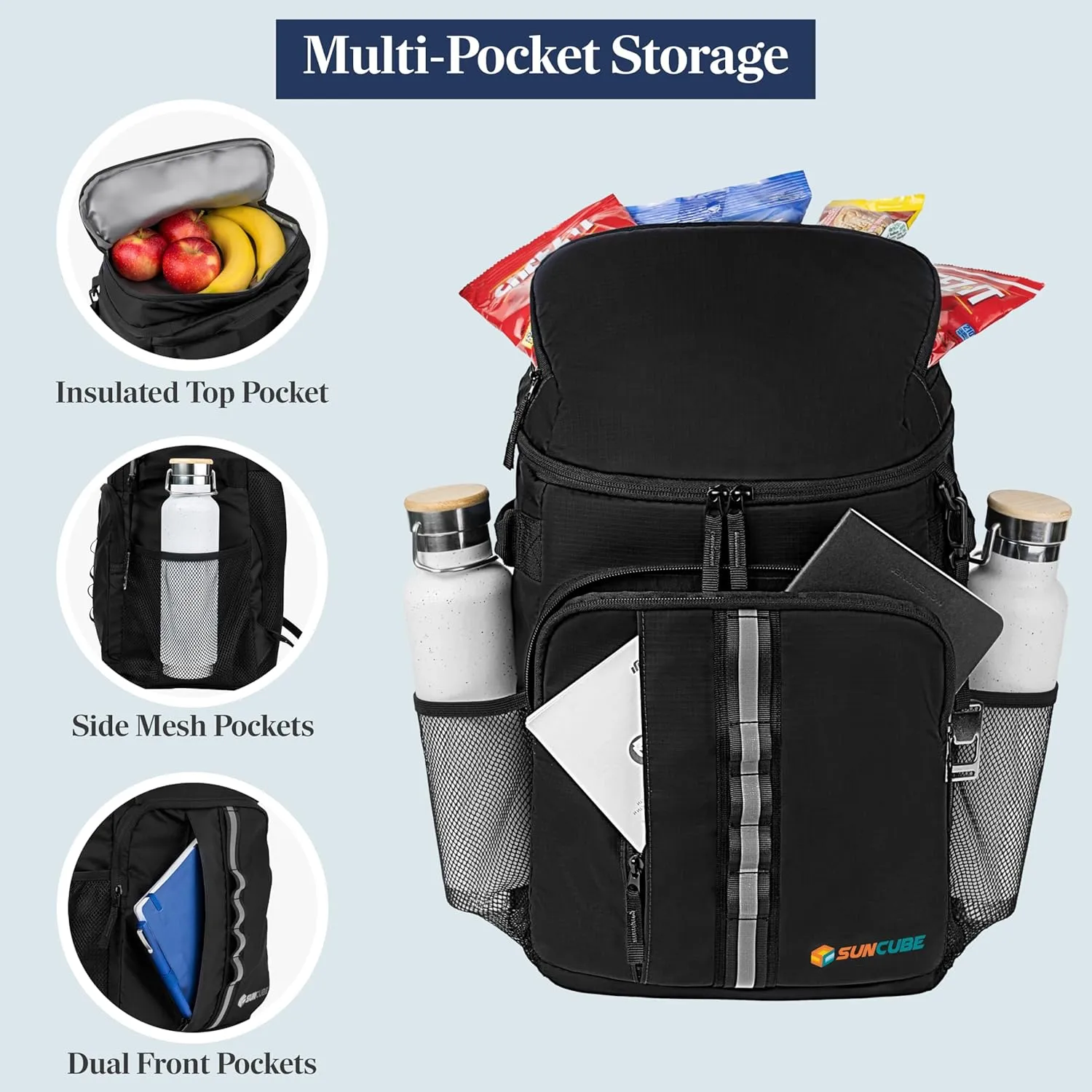 SUN CUBE Cooler Backpack 33 Can, Leakproof Insulated Backpack Cooler for Men Women, Camping Cooler Backpack for Beach Travel Hiking, Waterproof Lunch Backpack, Black