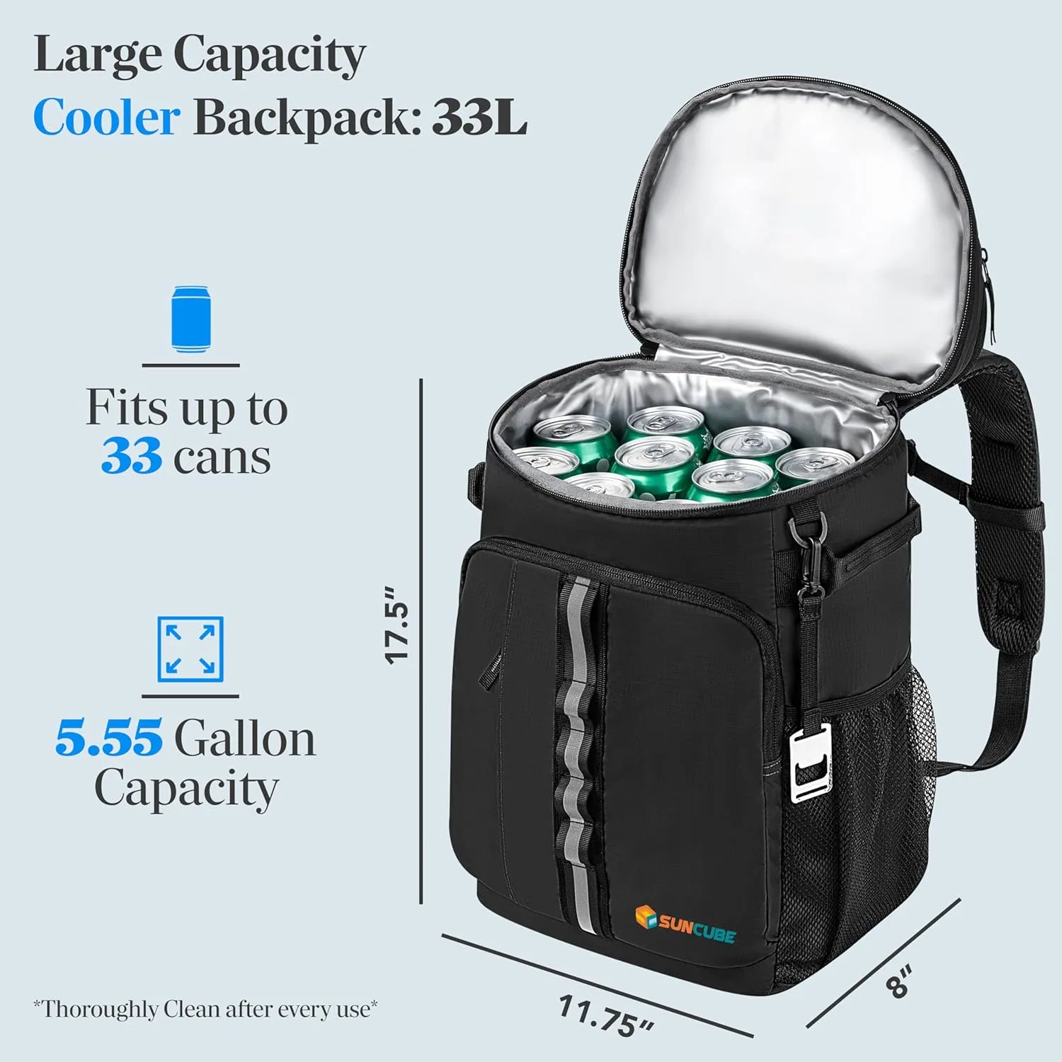 SUN CUBE Cooler Backpack 33 Can, Leakproof Insulated Backpack Cooler for Men Women, Camping Cooler Backpack for Beach Travel Hiking, Waterproof Lunch Backpack, Black