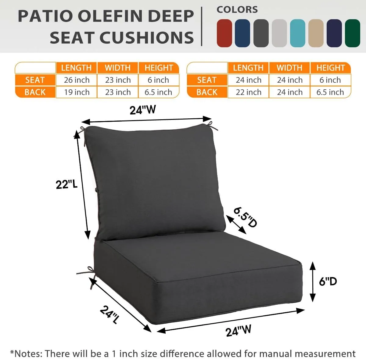 Sundale Outdoor Olefin Deep Seat Cushion Set of 2, Patio Chair Cushion and Pillow, Water-Resistant Sectional Sofa Pad with Straps Dark Gray, 24 x 24 x 6 Inches