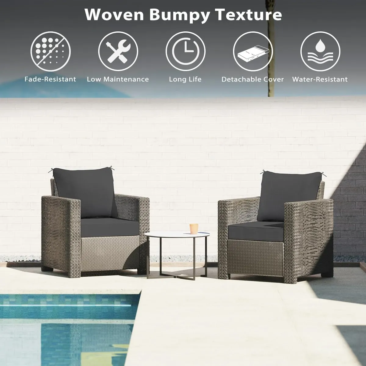 Sundale Outdoor Olefin Deep Seat Cushion Set of 2, Patio Chair Cushion and Pillow, Water-Resistant Sectional Sofa Pad with Straps Dark Gray, 24 x 24 x 6 Inches