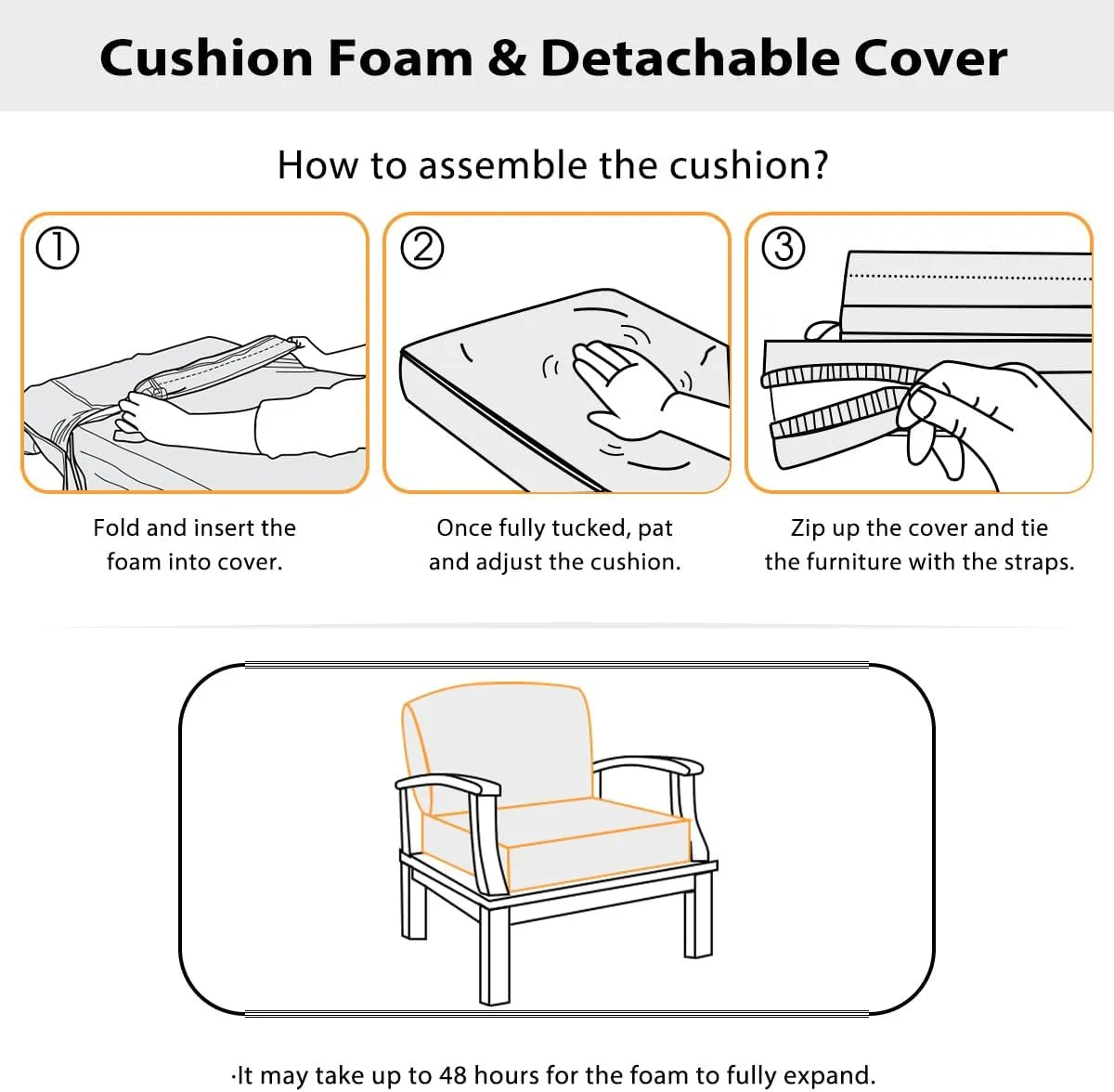 Sundale Outdoor Olefin Deep Seat Cushion Set of 2, Patio Chair Cushion and Pillow, Water-Resistant Sectional Sofa Pad with Straps Dark Gray, 24 x 24 x 6 Inches