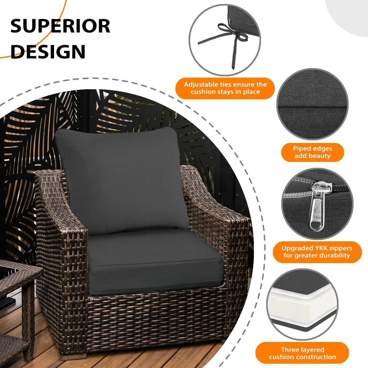 Sundale Outdoor Olefin Deep Seat Cushion Set of 2, Patio Chair Cushion and Pillow, Water-Resistant Sectional Sofa Pad with Straps Dark Gray, 24 x 24 x 6 Inches
