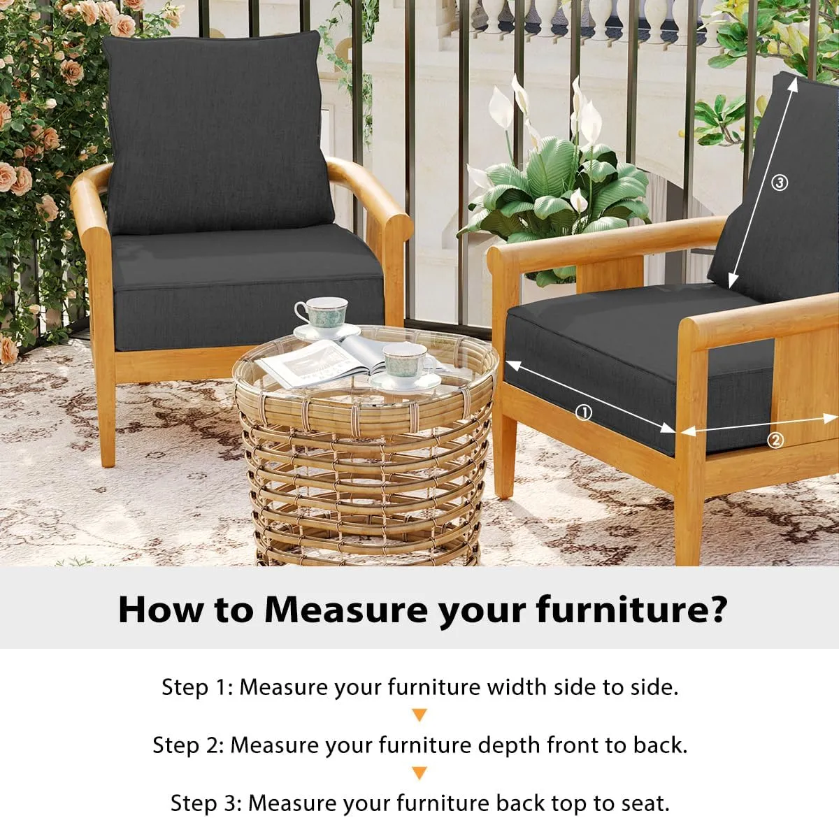 Sundale Outdoor Olefin Deep Seat Cushion Set of 2, Patio Chair Cushion and Pillow, Water-Resistant Sectional Sofa Pad with Straps Dark Gray, 24 x 24 x 6 Inches