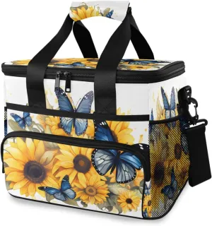 Sunflower Butterflies Tropical Butterfly Cooler Bag Insulated Cooler Soft Sided Cooler 24 Can Portable Picnic Bag Large Leakproof Lunch Bag Box for Beach Grocery Camping Travel Car Men Women