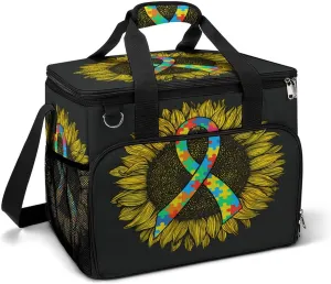 Sunflower Cancer Awareness for Autism Cooler Bag, Collapsible Soft Sided Cooler, Large Leakproof Camping Cooler, Portable Travel Cooler for Camping, Road Trips