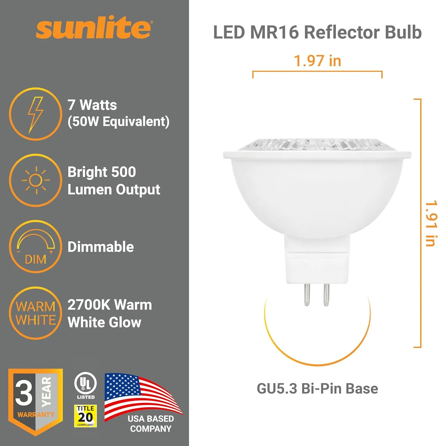 Sunlite LED MR16 Reflector Spotlight Bulb, 7 Watts (50W Equivalent) 12V, 500 Lumens, 90 CRI, GU5.3 Bi-Pin Base, Dimmable, Title-20 Compliant, UL Listed, 2700K Soft White, 6 Pack