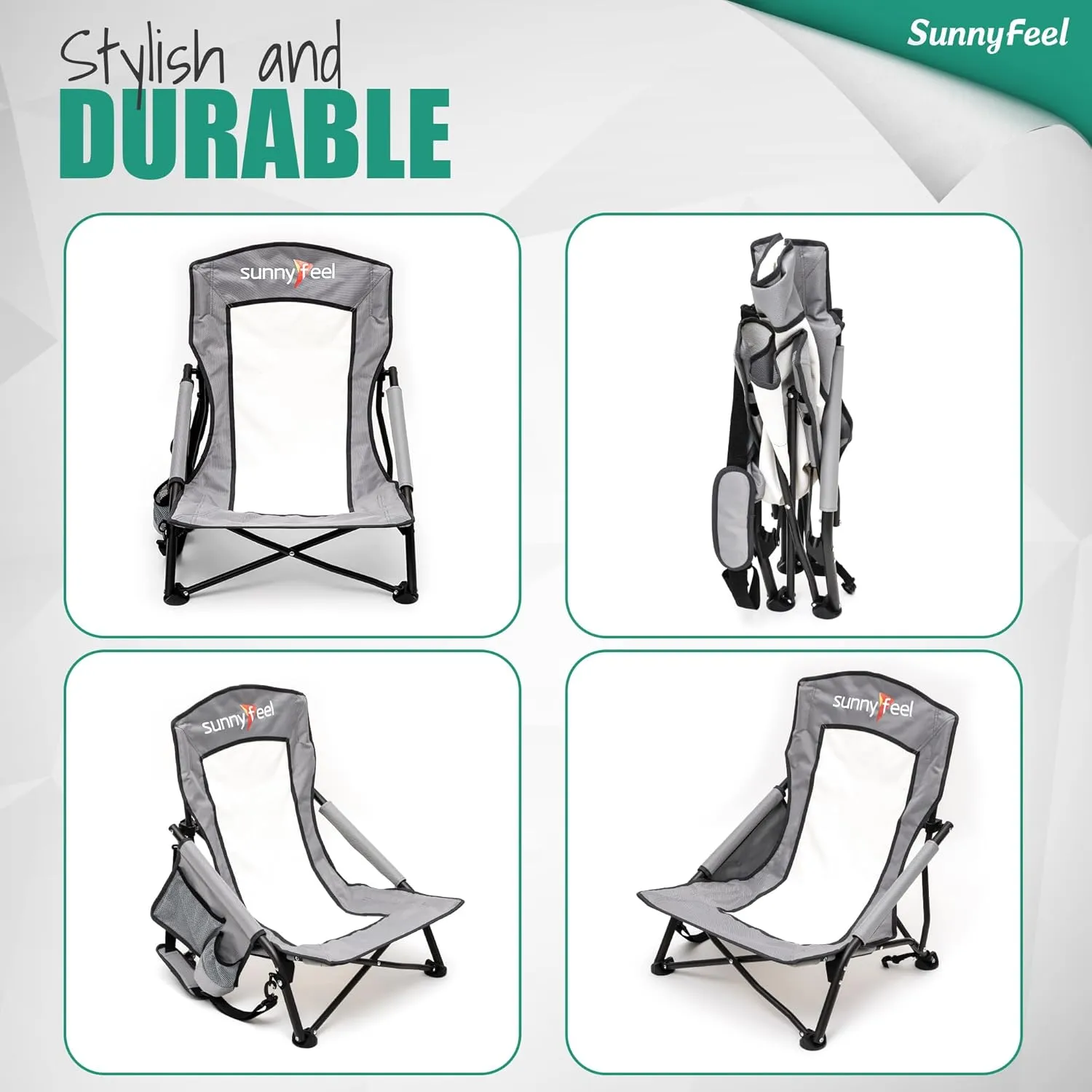 SUNNYFEEL Low Folding Beach Chair for Adults, Portable Lightweight Sling Beach Camping Chairs with Cup Holder, Armrest,Foldable Camp Lawn Chair for Outdoor Sand Concert Travel Sport Events,300LBS